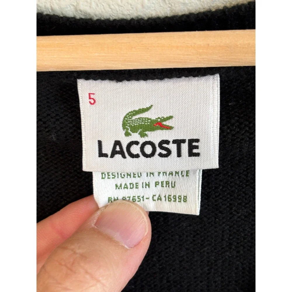 Lacoste V-Neck Sweater Black Mens Size 5 Large Long Sleeve Pullover Knit Logo‎